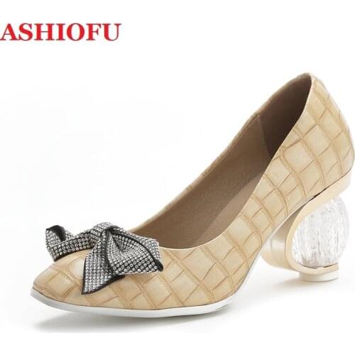 ASHIOFU Real Photos Womens Thick Crystal Heel Pumps Butterfly-knot Party Prom Slip-on Shoes Large Size Fashion Club Court Shoes