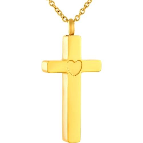 Golden Heart Engraved Cross Shape Cremation Ashes Urn Pendant 316L Stainless Steel Cremation Jewelry For Ashes Keepsake+Funnel
