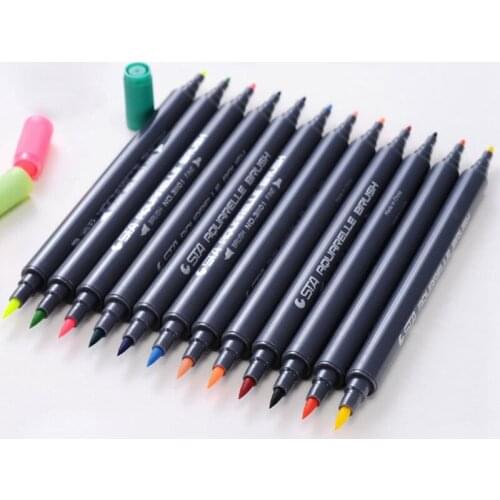 1 pcs Random Color Watercolor Marker Double Heads Art Marking Pen Soft+Hard Head Liner Drawing Tools School Office Stationery