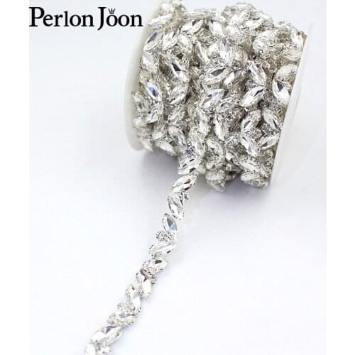 1yard leaf glass rhinestone trim applique silver crystal leaf chain sewn in bridal wedding decoration accessories ML131