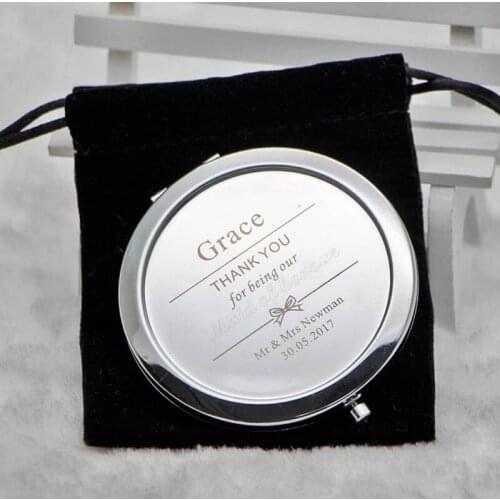200x Personalized Round Compact MIRRORS Free Engraved Wedding gift Mirror With FREE VELVET POUCHES 200x/lot #18413