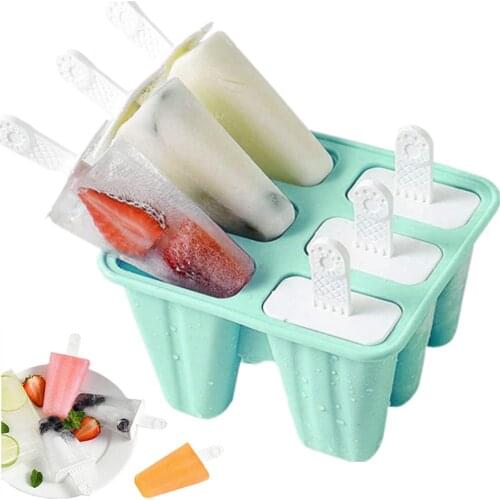 6 Cells Ice Cream Makers Silicone DIY Popsicle Molds Rectangle Shaped Reusable Frozen Pop Moulds Tray Stick Kitchen Tools
