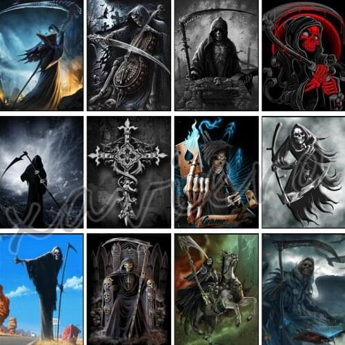 Xaviera 5D Diy Diamond Painting Skeleton Skull Reaper Scythe Embroidery Full Drill Mosaic Rhinestone Cross Stitch Kit Home Decor