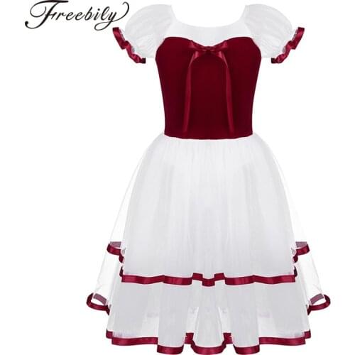 Kids Teens Giselle Ballet Costumes Girls Openwork Puff Sleeve Velvet Professional Tutu Ballet Leotard Long Dress Dance Costume