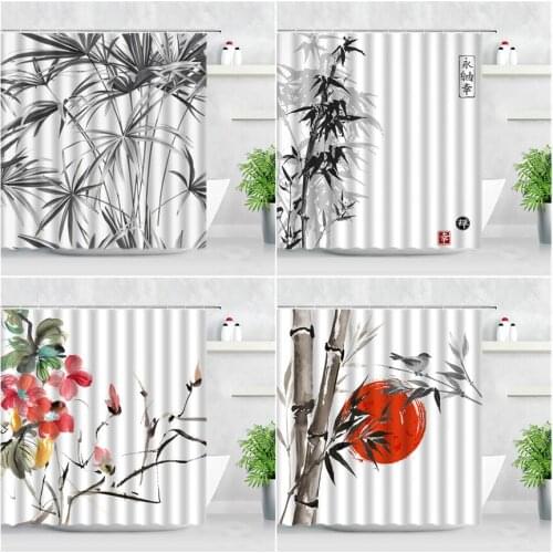 Ink Painting Bamboo Shower Curtains Black Leaves Flowers Chinese Style Art Home Bathtub Decor Waterproof Fabric Bathroom Curtain