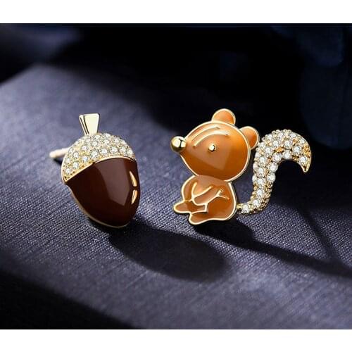Squirrel Asymmetric Ear Studs Female Charm Stud Earrings Women Jewelry Girls Kid Birthday Gift Cute Animal Earrings