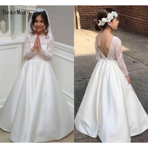 White first communion dresses with long sleeves jewel lace satin backless little girls dresses for wedding party gowns any size