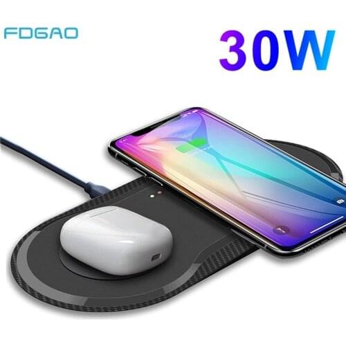 30W Fast QI Wireless Charger 2 in 1 Dual Seat Charging Pad Dock Station for iPhone 12 11 XS XR X 8 Airpods Pro Samsung S10 S20