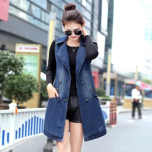 Long Denim Vest Vintage Cardigan Sleeveless Waistcoat Jeans Jackets Coats Female Korean Blue Denim Vests Women