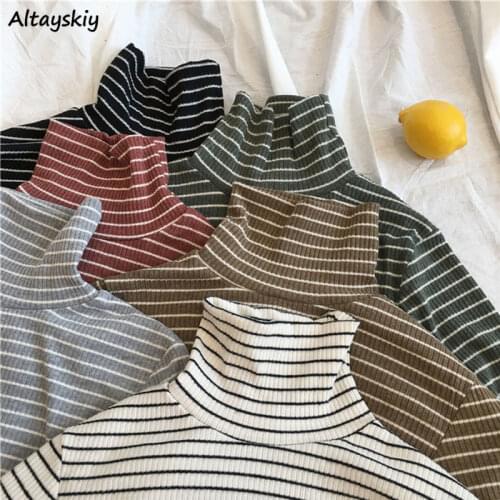 Long Sleeve T-shirts Women College Black Striped Korean Chic Simple Soft Ladies Clothing Top Turtleneck Daily Autumn Teens Tops