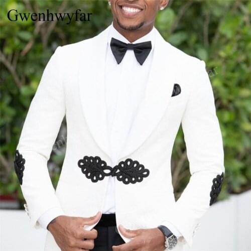 Gwenhwyfar Tailor-Made Frog Button Wedding Men Suits Slim Fit Tuxedo Groom Prom Ivory Paisley Blazer Solid Pants Terno Masculino