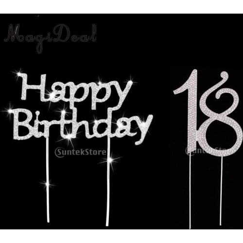 Crystal Silver Happy Birthday & Number Age 18 Cake Topper Anniversary Party Decor
