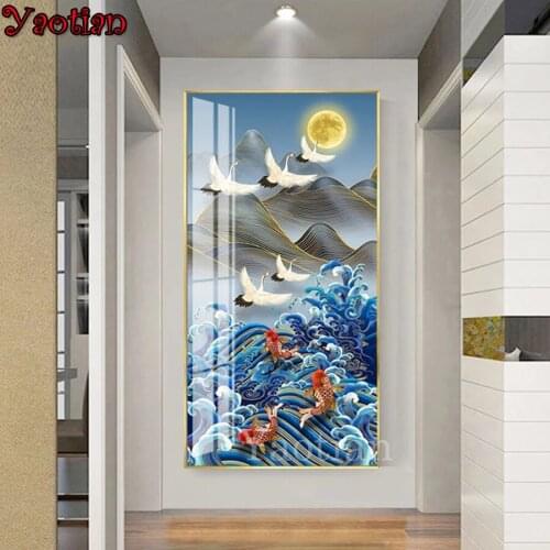 Chinese Style Crane Tree Koi Fish Sailboat Diy 3D Diamond embroidery Cross-Stitch Kits Mosaic crystal painting diamant painting