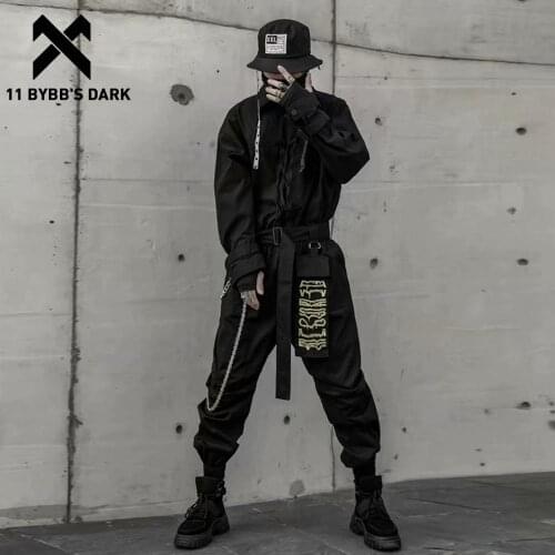 11 BYBBS DARK Hip Hop Jumpsuit Men Ribbon Embroidered Long Sleeve Romper Zippers Cargo Overalls Streetwear Techwear Jumpsuits