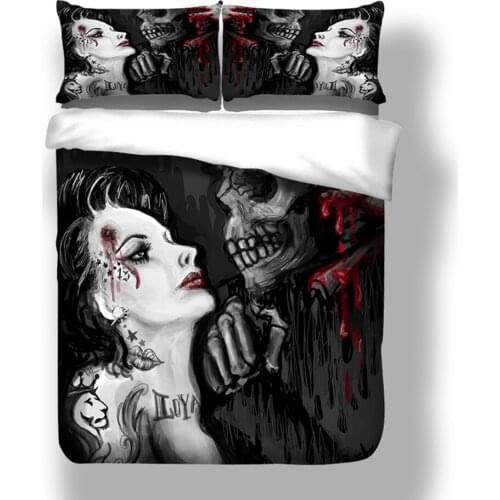 Wedding Bride Groom Couple Skull Bedding Set with Pillowcases 2/3pcs Skull Duvet Cover Set Soft Microfiber Gothic Bedspread