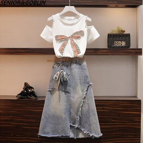 Female 2020 Summer Outfits Casual Two piece set Women O-neck Short Sleeve TShirt and Ribbon bow pendant Denim Long Skirt Suits