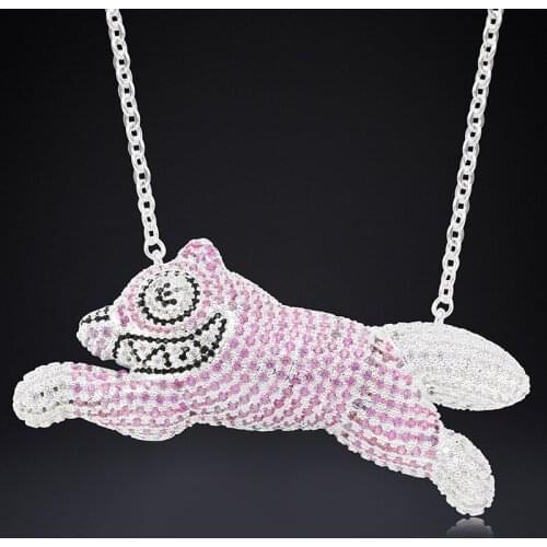 Mens Hip Hop Iced Out CZ Pink Fox Pendant Necklace Silver Color Necklace Charms Zircon Jewelry