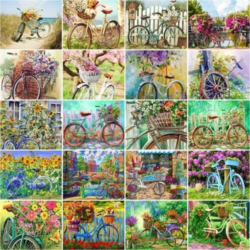 HUACAN DIY Frame Oil Painting By Numbers Bike Landscape Acrylic On Canvas Wall Art Picture By Numbers Flower For Living Room