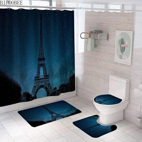 Paris Night View Bathroom Curtains Starry Sky Eiffel Tower Modern Shower Curtain Set Bath Mats Rugs Toilet Cover Non-slip Carpet