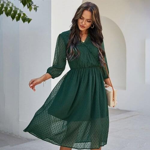 Capucines Frill Trim Ruched Swiss Dot Chiffon Dress Women Spring Summer V Neck 3/4 Lantern Sleeve Elastic Waist Midi Dresses2021