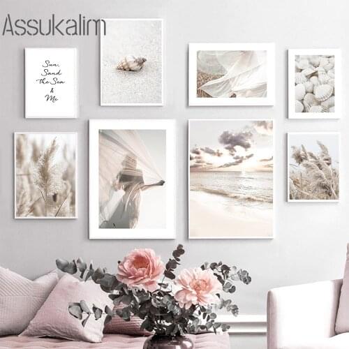 Beach Shell Canvas Art Print Landscape Posters Reed Painting Woman Wall Poster Nordic Wall Pictures For Living Room Decoration