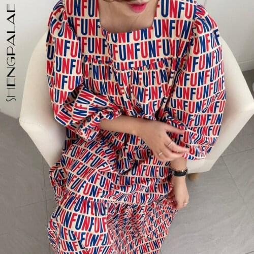 SHENGPALAE Fashion Chic Letter Printed Dress Womens Autumn 2021 New Round Neck Loose Wrist Lantern Sleeve Dresses Female 5E2526
