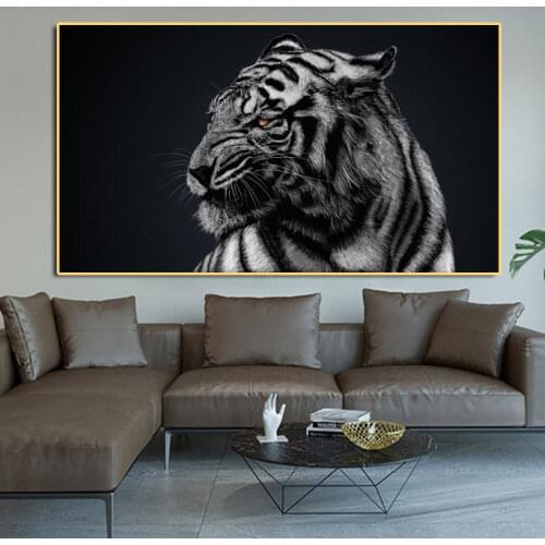 Modern Prints Canvas Art Blue Eyes Tiger Head Painting Wall Poster Animal Black and White Picture for Living Room Cuadros Decor
