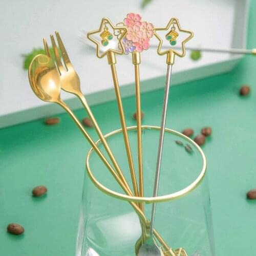 2PCS Cherry Blossom Spoon Fork Stainless Steel Coffee Spoon Home Kitchen Star Long Handle Stirring Spoon
