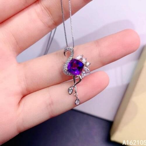 Fine jewelry 925 pure silver inlaid natural amethyst girl luxury popular square swan Chinese style gem pendant necklace support