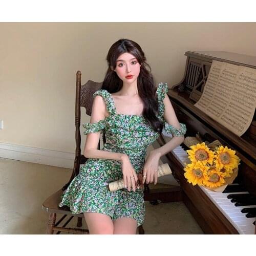 Green Print Sexy Off Shoulder Spaghetti Strap Dresses Club Summer Style Womens Clothing Slash Neck A-line Short Dress New