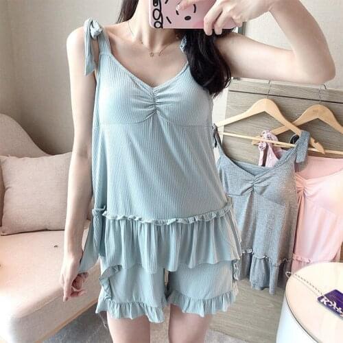 Womens Sling Pajamas Shorts Thread Pit Lotus Leaf Border Modal Nightwear Sweet Wind Belt Bra Suit Sexy Sleepwear Homewear