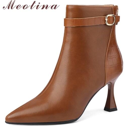 Meotina Women Genuine Leather Ankle Boots Fashion High Heel Pointed Toe Shoes Thin Heel Zipper Ladies Boots 2021 Autumn Brown 40