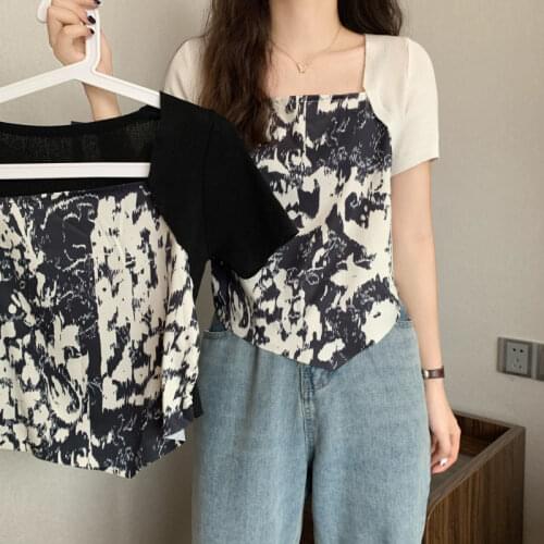 Woman Tshirts Top Womens Summer 2021 Fake Two-Piece Knitted Short Sleeve Crop Top Mujer Camisetas