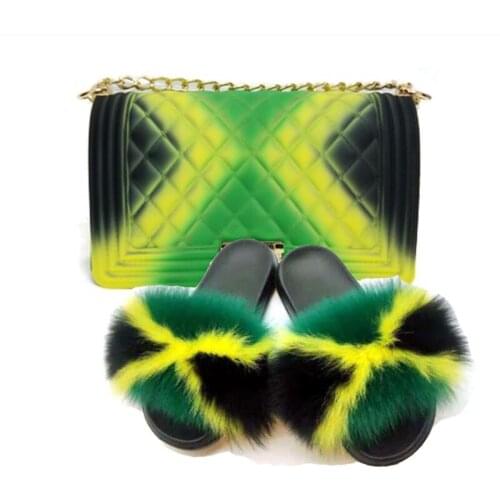 2020 Women Fur Slippers Jelly Bag Purse Set Home Fluffy Fur Slides Handbag With Slides Real Fox Fur Slides Female Shoulder Bag