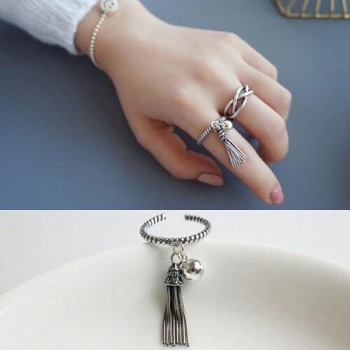 YPAY Real 925 Sterling Silver Open Ring For Women With Long Tassel Do The Old Vintage Rings Bijoux Femme Fine Jewelry YMR064