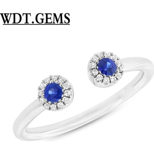 10K White Gold Blue Sapphire Diamond 2 Stone Open Wrap Statement Cocktail Ring