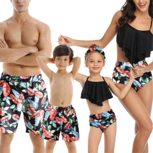 2Pcs Mother-Daughter Matching Swimsuit Flounce Strappy Backless Tops Leaf Print Pantie Swimwear for Girls Women Family Matching