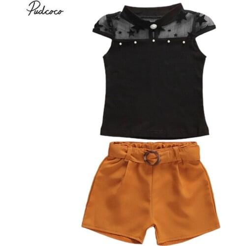 2020 0-5Y Summer Baby Girl Clothing Short Sleeve Mesh Top Buttons Star Print T-shirts Khaki High Waist Shorts Party Suit Outfits