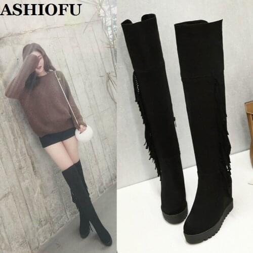 ASHIOFU Handmade Hot Sale Womens Wedge Heels Boots Tassel&Fringed Party Knee-high Boots Winter Evening Daily Wear Fashion Boots