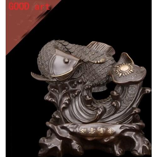 LARGE TOP COOL HOME OFFICE COMPANY SHOP TALISMAN MONEY DRAWING AUSPICIOUS AROWANA GOLDEN FISH RUYI FENG SHUI BRONZE ART STATUE