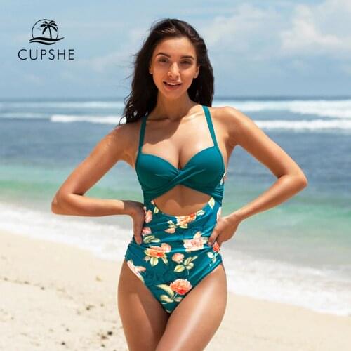 CUPSHE Underwire Push Up Green Floral One-Piece Swimsuit For Women Sexy Cut Out Monokini 2021 New Beach Bathing Suits Swimwear