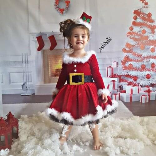 6M-4T Toddler Kids Baby Girls Christmas Outfit Long Sleeve Red Velvet Princess Fur Dress with Belt Children Santa Xmas Gifts