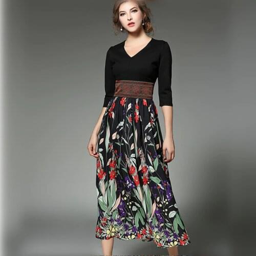Summer Spring Chiffon Floral Print V-neck Women Party Dresses Elegant A-line Slim Long Maxi Black Female Evening Casual Dress
