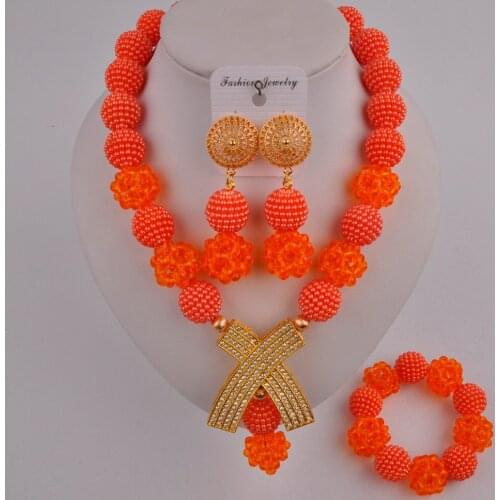 Fashionable orange african wedding necklace nigerian beads jewelry set FZZ105