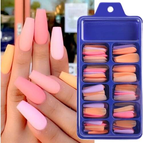 100PCS Candy Color Full Cover False Nails Tips Matte Color Coffin Ballerina Fake Nails Nails Extension Forms Fingernail Manicure