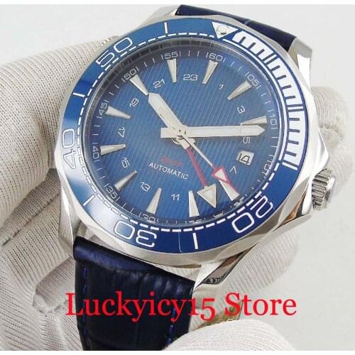 Sapphire Glass Fashional Automatic Men Wristwatch Date Function Rotating Bezel Blue Nologo Dial Leather Strap