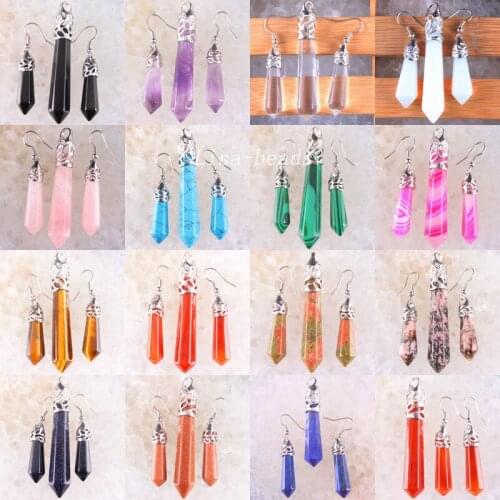 Hexagonal Column Beads Pendant Earrings Natural Stone Rose Onyx Pink Quartz Necklace Pendant Earrings Jewelry Set For Women Gift