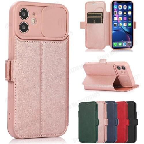 PU Leather Silicone Wallet Flip Phone Case For iPhone 12 Mini 11 12 Pro Max XR XS Max 7 8 Plus Slide Lens Protection Stand Cover
