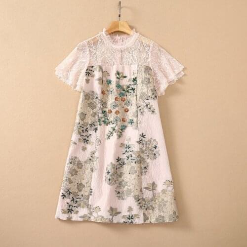 European and American womens wear for summer 2021 Lace horn sleeve collar splice jacquard Fashion Pink Dress