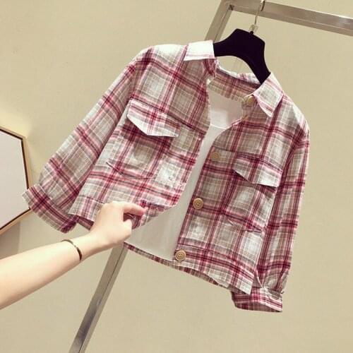 Plaid Womens Shirts Long Sleeve Ladies Blouse and Shirts 2021 Autumn Loose Short Style Female Tops Outerwear Blause KN259